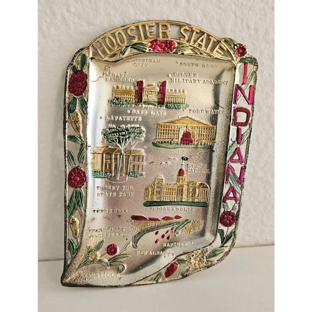 Collectible MCM Indiana Hoosier State Hand-Painted Souvenir Plate VTG Trinket